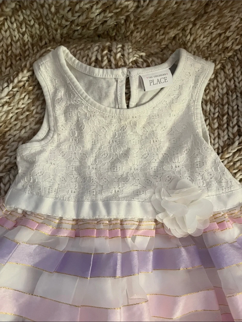 The Children's Place White Lace Bodice Pastel Striped Dress with Flower